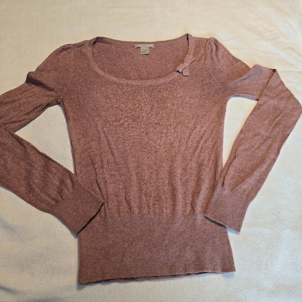 H&M Mauve Angora Blend Sweater Bow Detail Long Sleeve Size Small